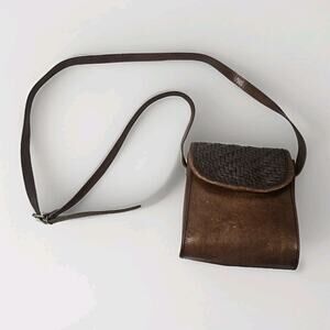 1970s Brown Leather Crossbody Purse Basket Weave Opening Boho Woven Bag Western